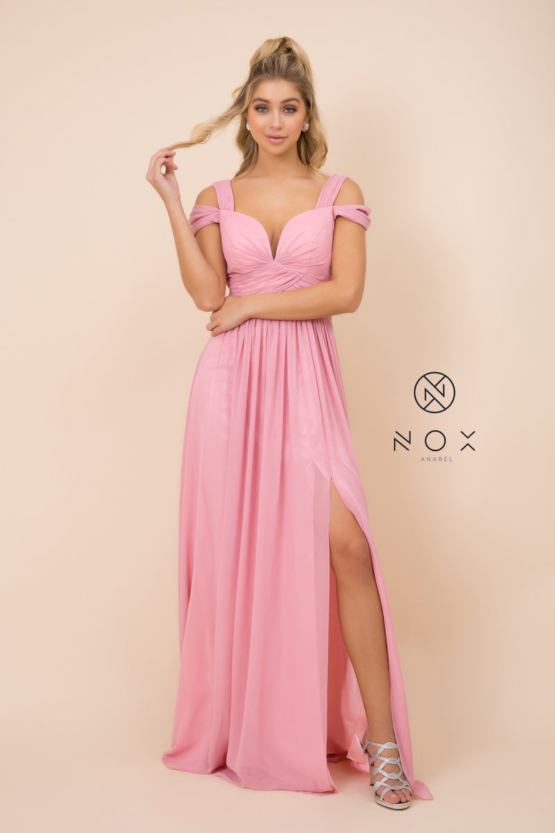 Long A-Line Cold Shoulder Dress With Slit By Nox Anabel -Y277P