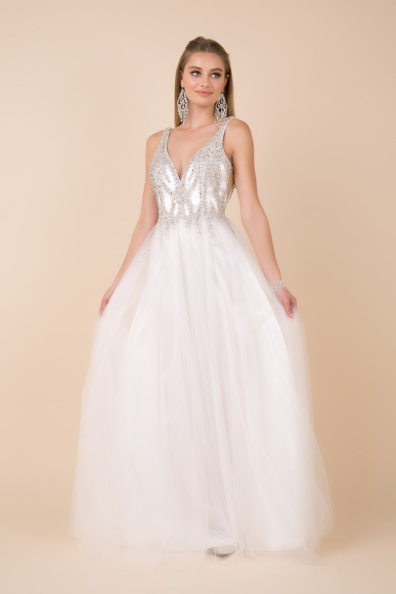 Beaded Long V-Neck Tulle Dress By Nox Anabel -R283
