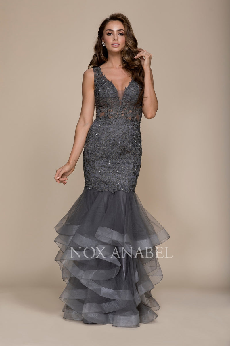 Beaded Lace Ruffled Mermaid Prom Dress By Nox Anabel. by Nox Anabel -A059