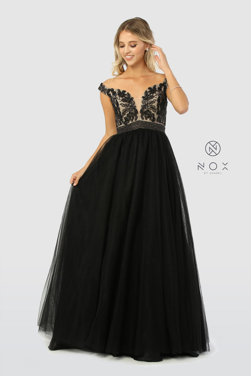 Beaded Long Black Off Shoulder Dress By Nox Anabel -E166