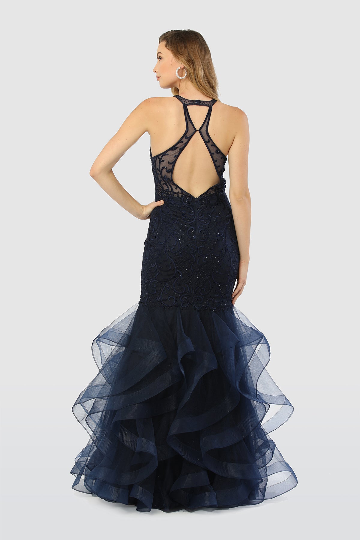 Beaded Lace Halter Mermaid Dress With Ruffled Tulle Skirt By Nox Anabel -M189