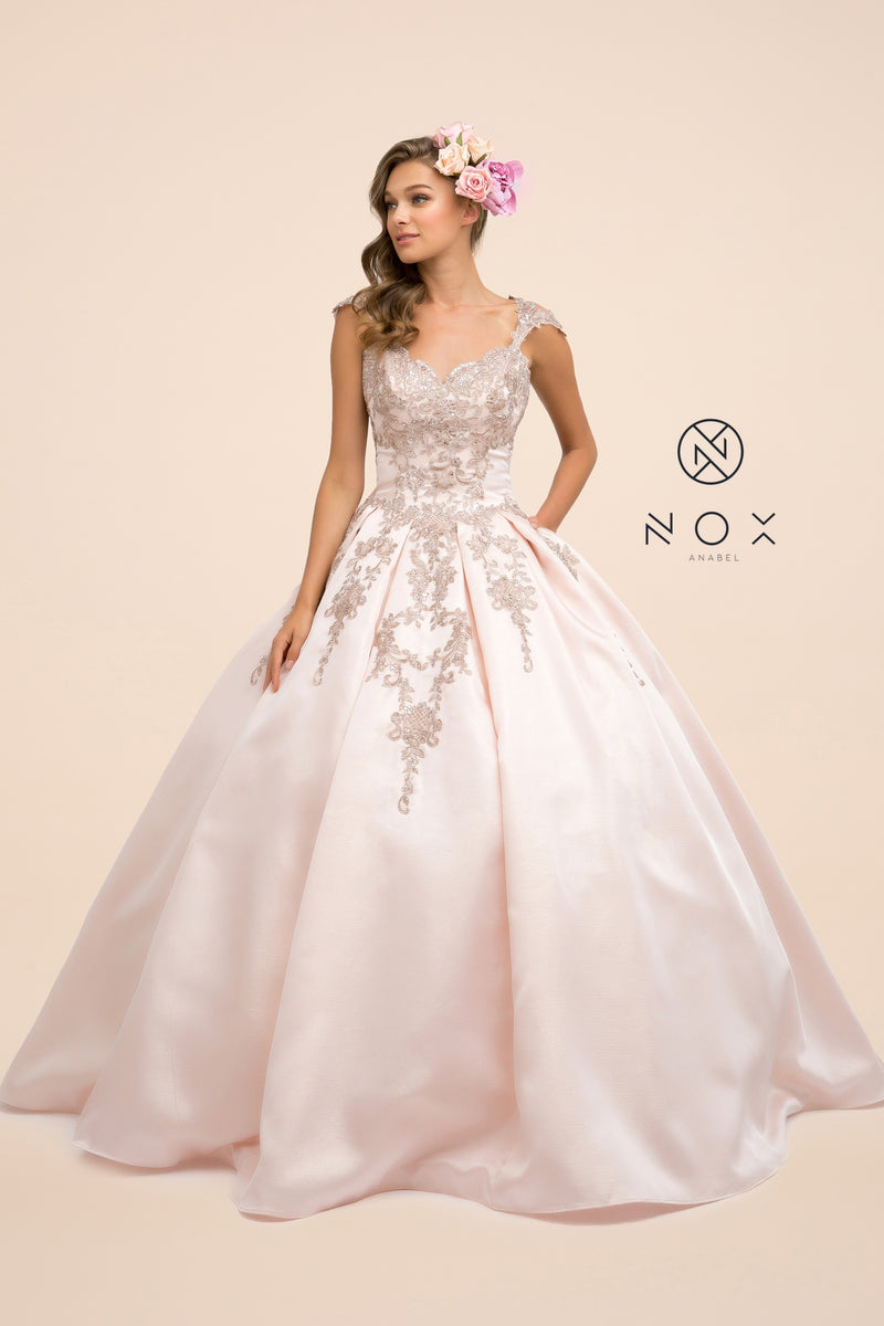 Embroidered Cap Sleeve Ball Gown By Nox Anabel -U801P