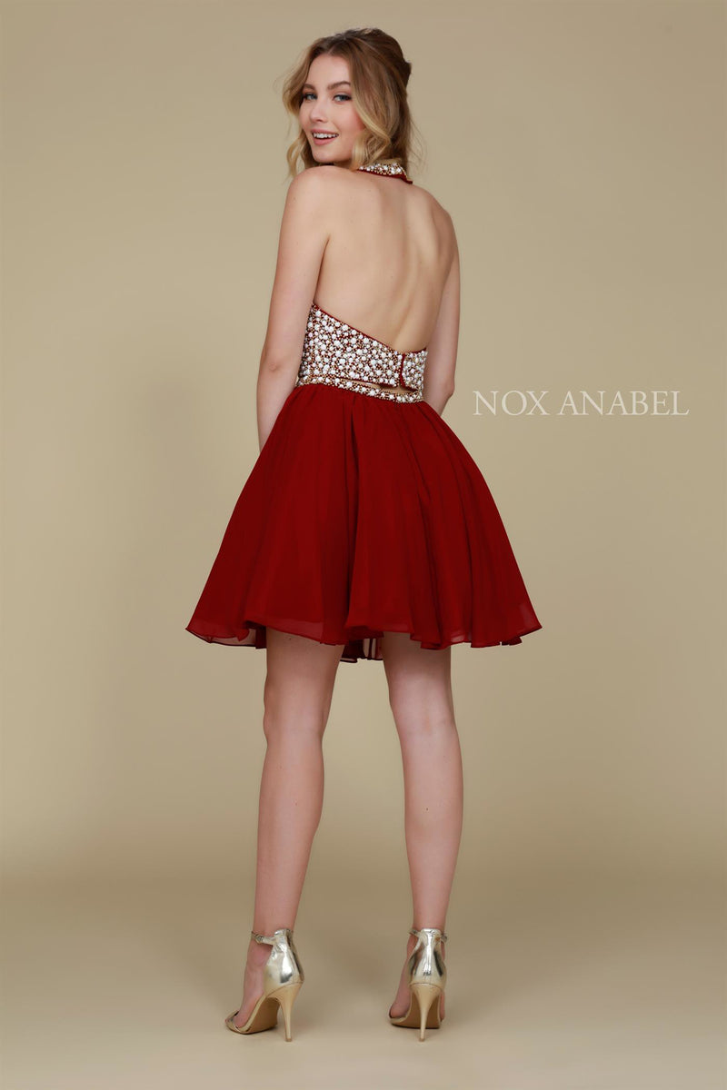 Short Two Piece Halter Dress With Beaded Top By Nox Anabel -6257