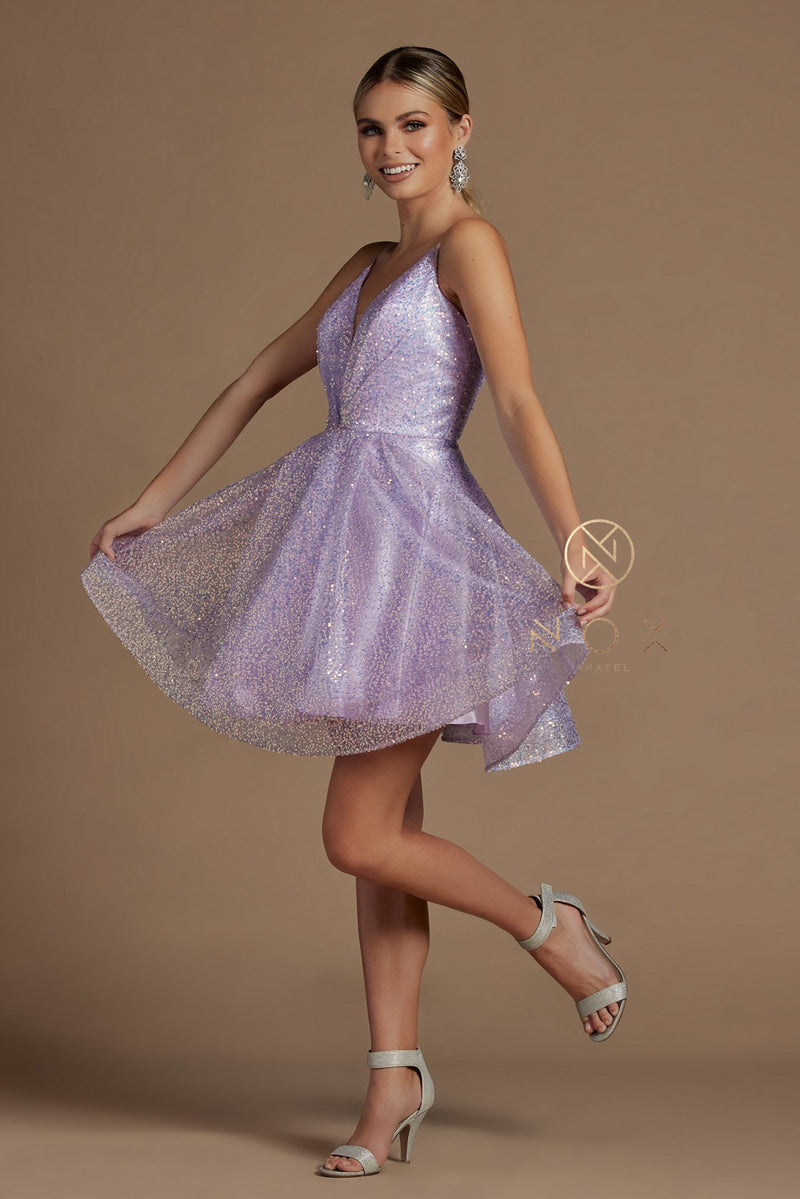 Short Iridescent Sequin V-Neck Dress By Nox Anabel -R703