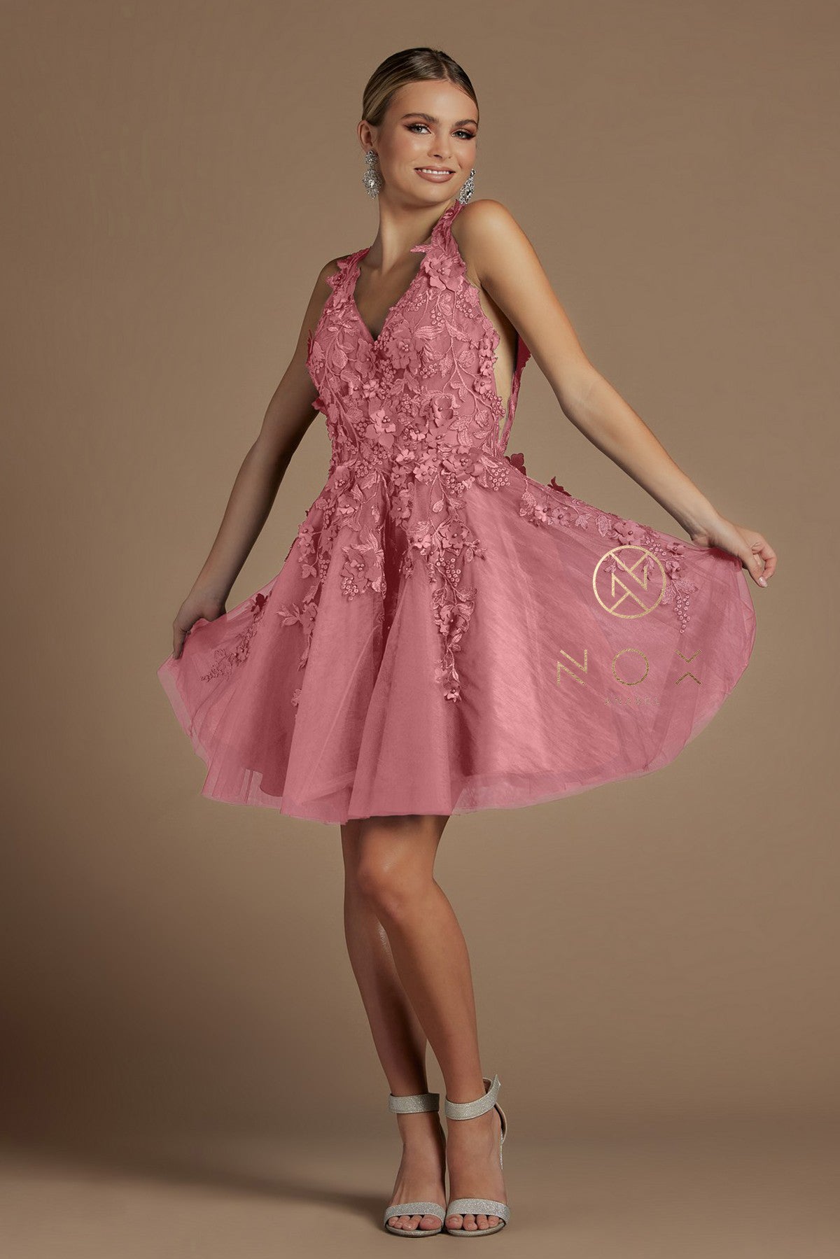 Short 3D Floral Applique Dress By Nox Anabel -R708