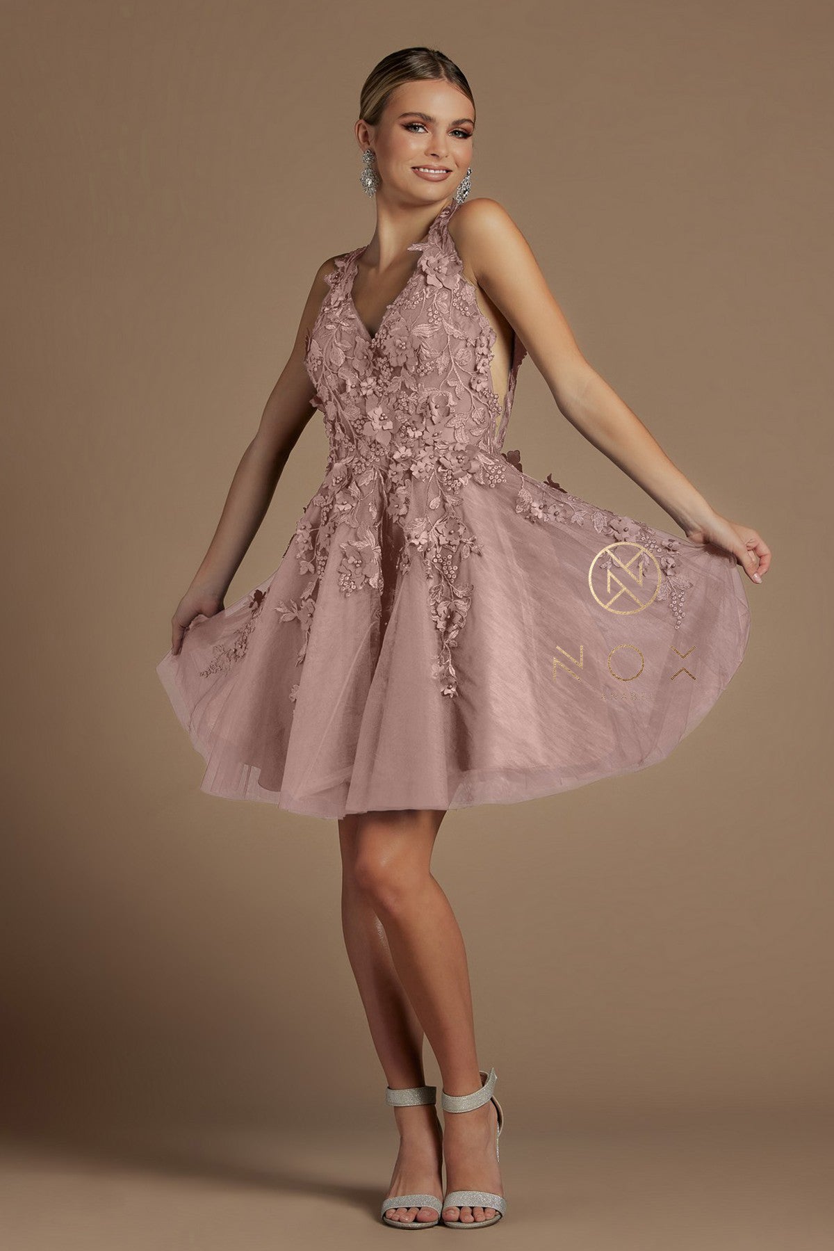 Short 3D Floral Applique Dress By Nox Anabel -R708