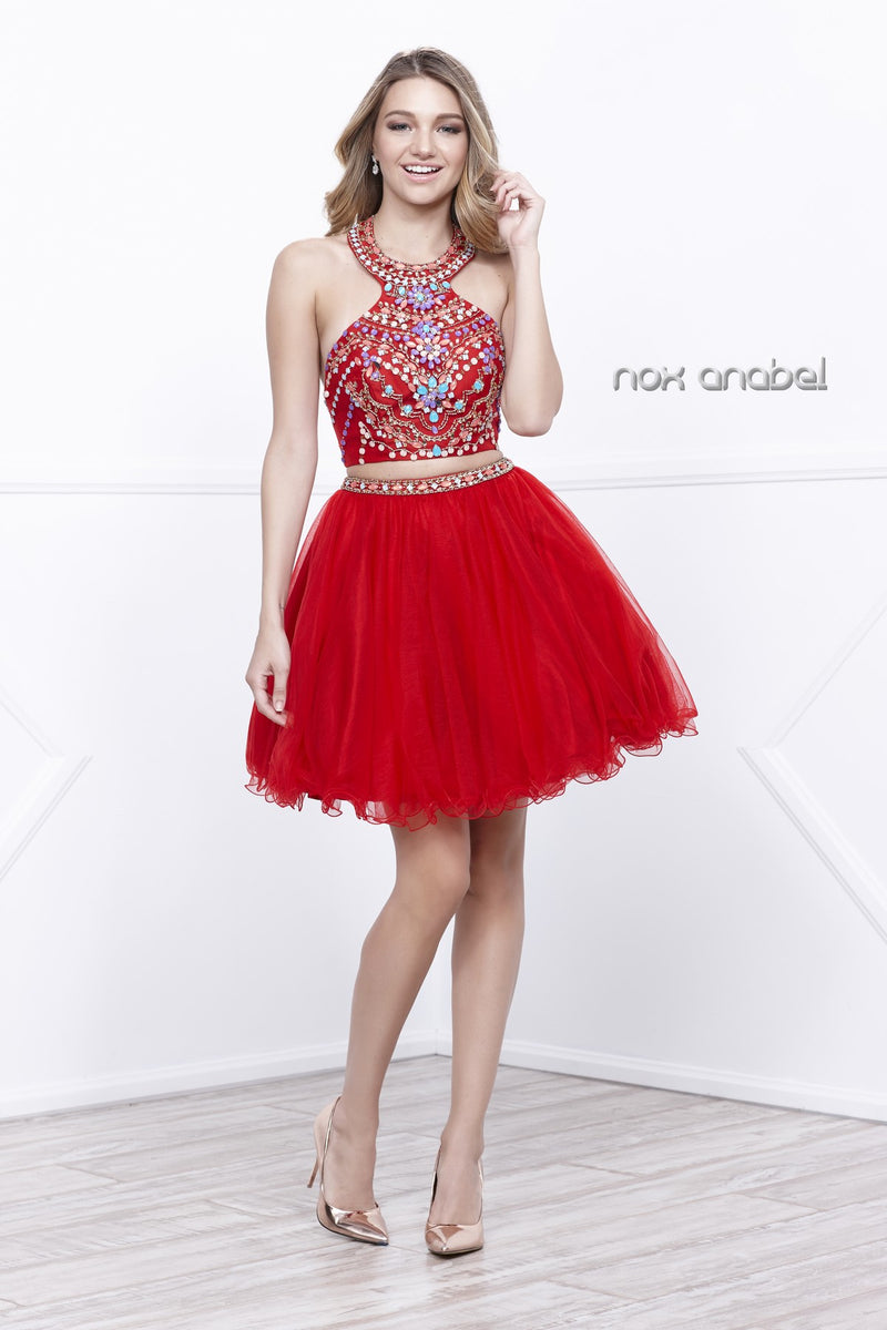 Two-Piece Halter Beaded Bodice Dress By Nox Anabel -6259