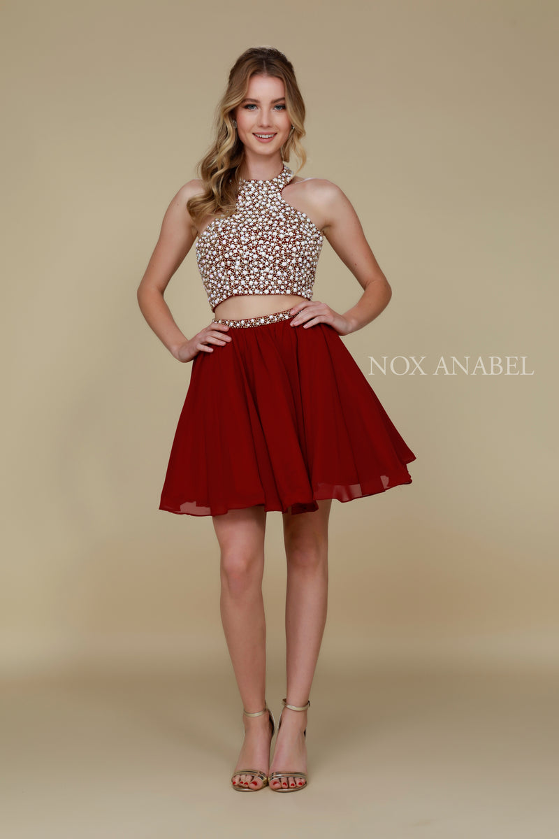 Short Two Piece Halter Dress With Beaded Top By Nox Anabel -6257
