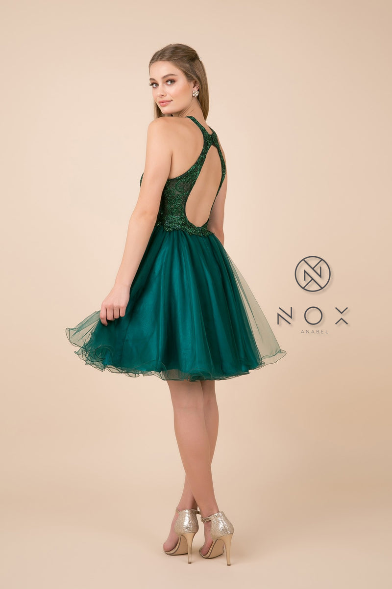 Short Tulle Dress With Halter Lace Bodice By Nox Anabel -E696