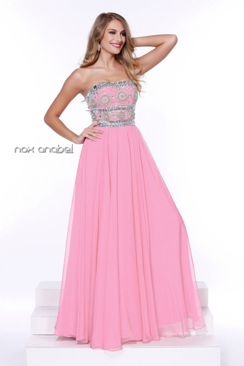 Lovely Long Strapless Beaded Dress By Nox Anabel -8153