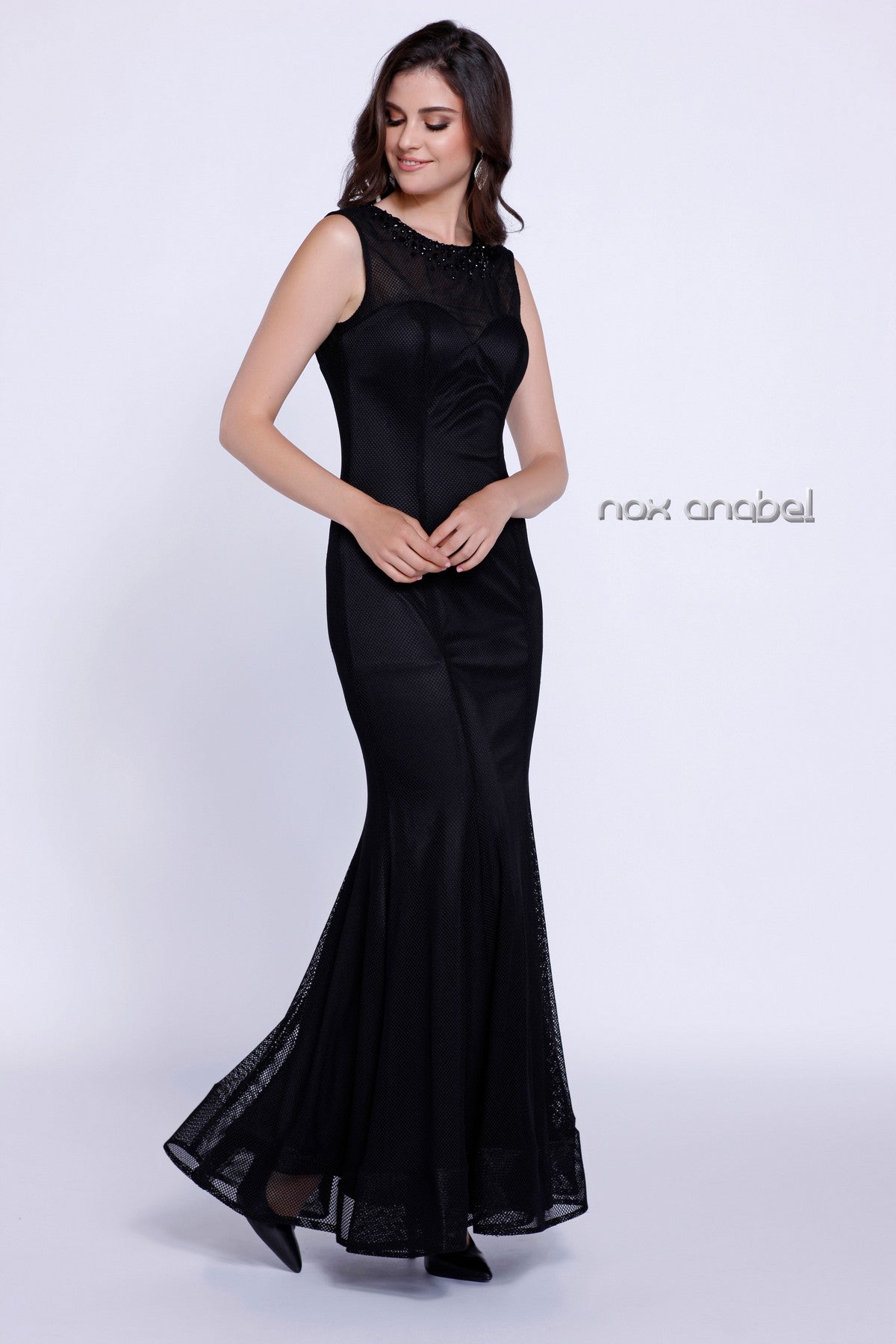 Long Sleeveless Beaded Mesh Dress By Nox Anabel -8259