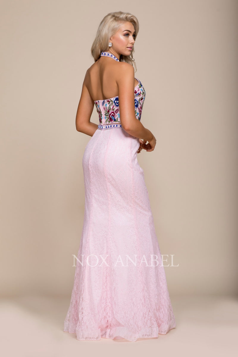 Long Two-Piece Dress With Floral Embroidery By Nox Anabel -8262