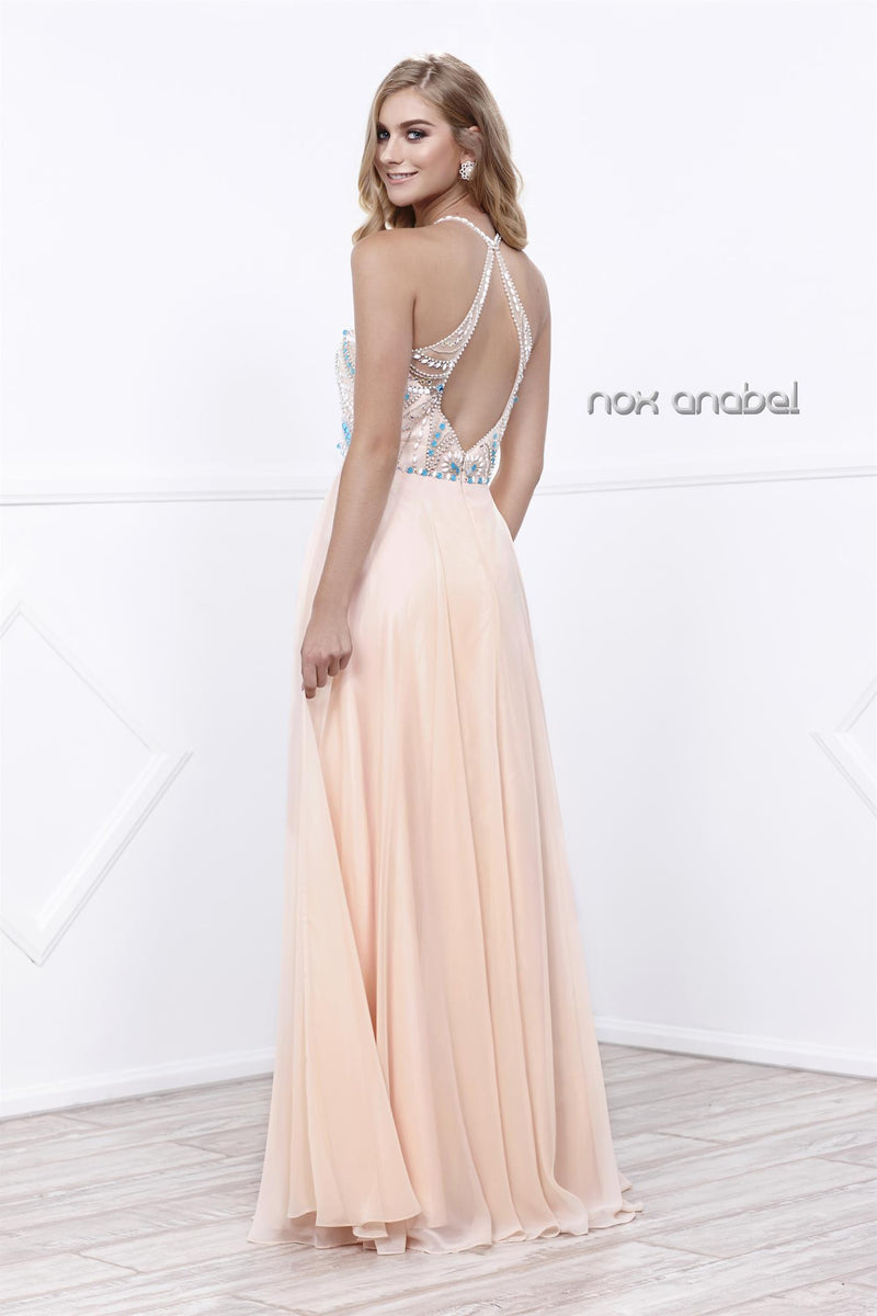 Long Halter Illusion Dress With Jeweled Bodice By Nox Anabel -8276