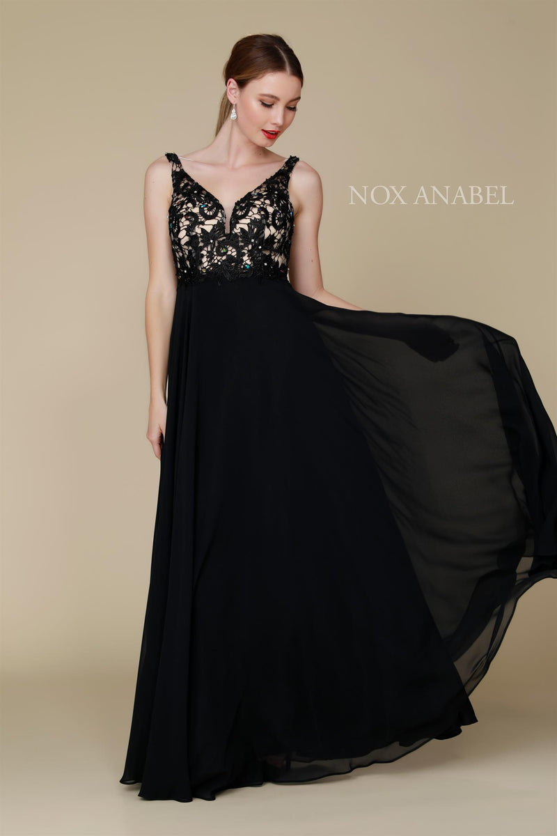 Long Chiffon Dress With Lace Bodice By Nox Anabel -8297