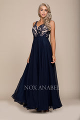 Long Chiffon Dress With Lace Bodice By Nox Anabel -8297