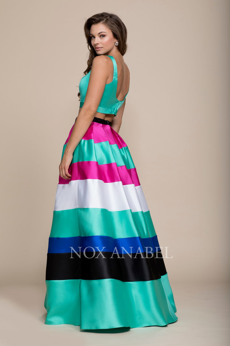 Long Two-Piece Dress With Multi-Color Striped Skirt By Nox Anabel -8335