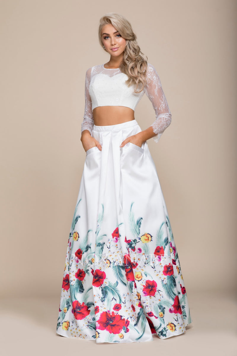 White Long Two-Piece Dress With Floral Print Skirt By Nox Anabel -8353