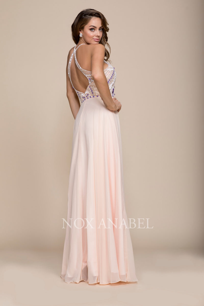 Long Halter Illusion Dress With Jeweled Bodice By Nox Anabel -8276