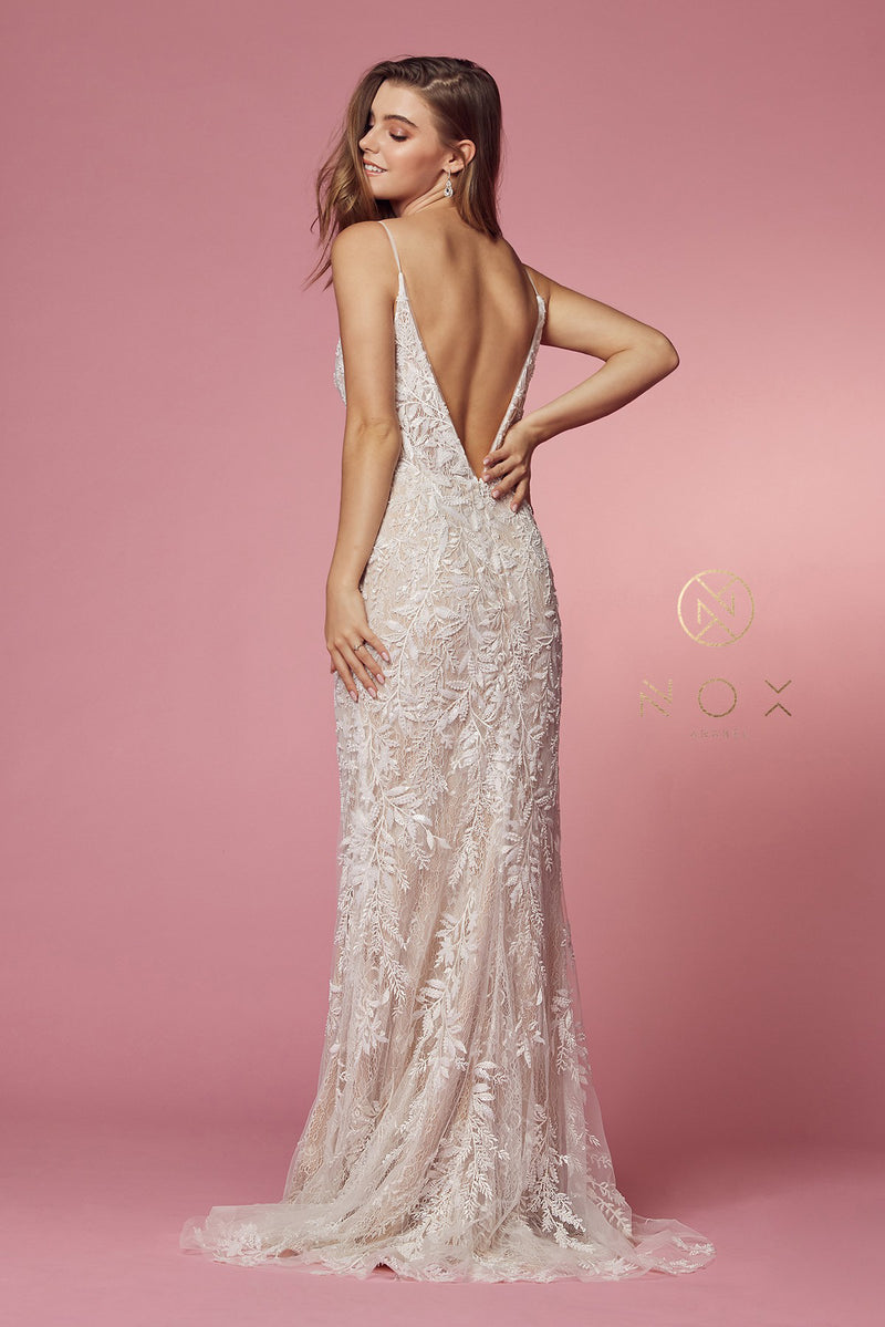 Fitted V-Neck Lace Bridal Gown By Nox Anabel -JE915