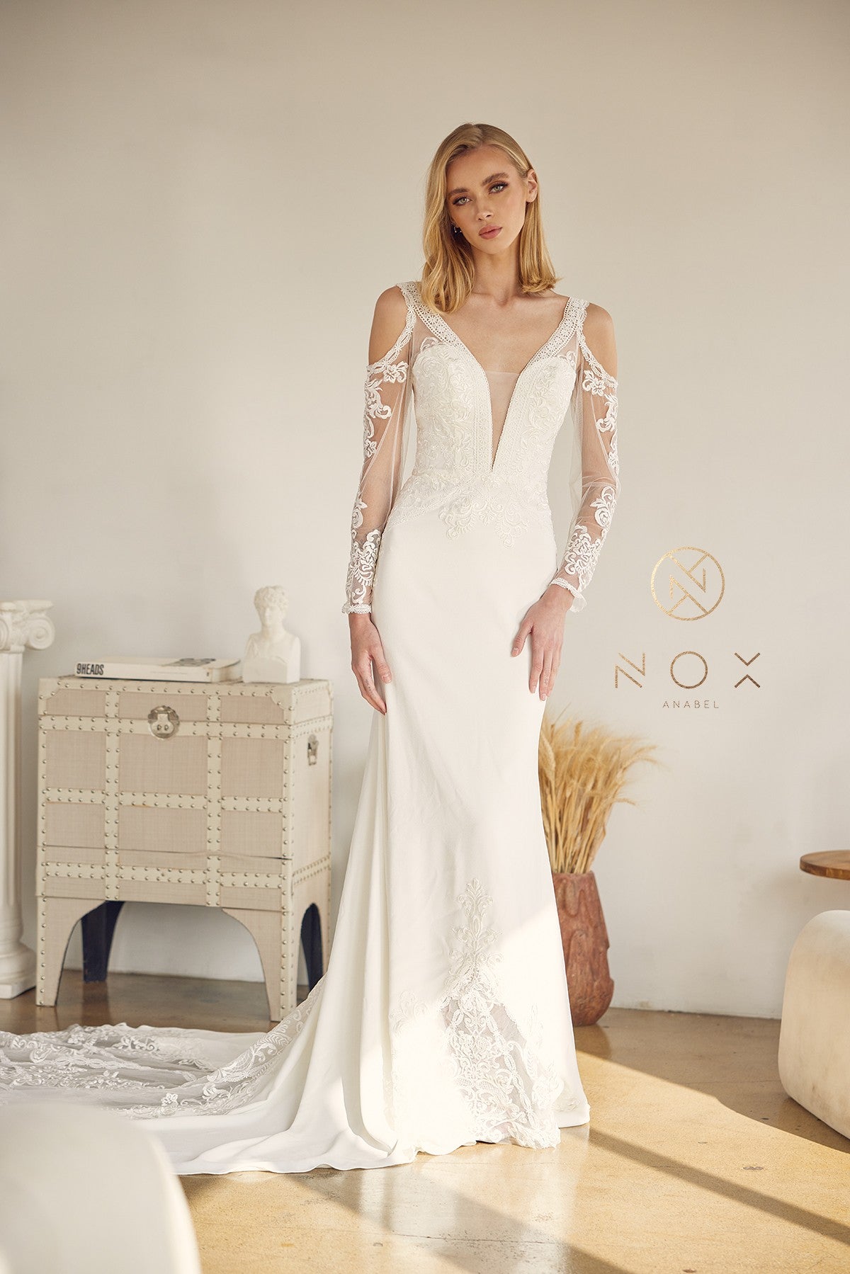 Embroidered Long Sleeve Bridal Dress By Nox Anabel -JE916