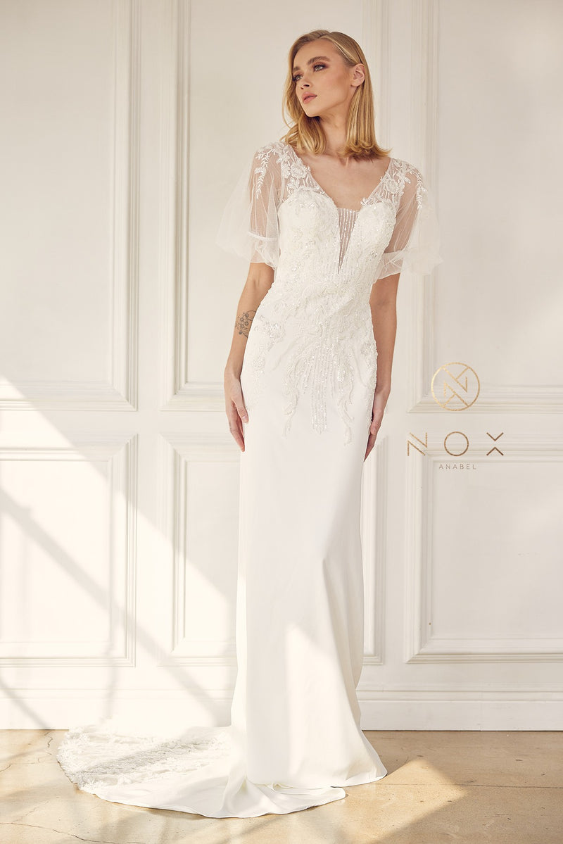 Applique Short Sleeve Wedding Gown By Nox Anabel -JE927