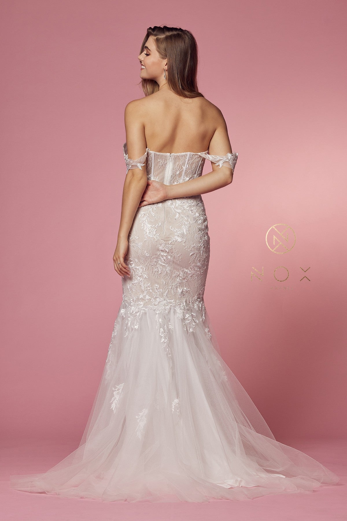 Fitted Off Shoulder Lace Gown By Nox Anabel -JS924
