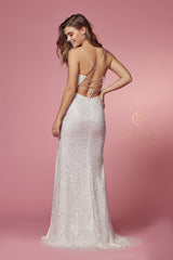 White Fitted Sequin Slit Gown By Nox Anabel -R1031W