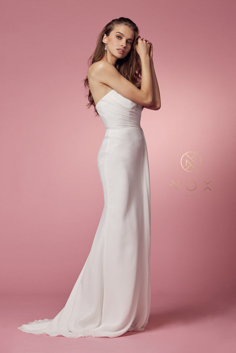 Ruched White One Shoulder Gown By Nox Anabel -E1005W