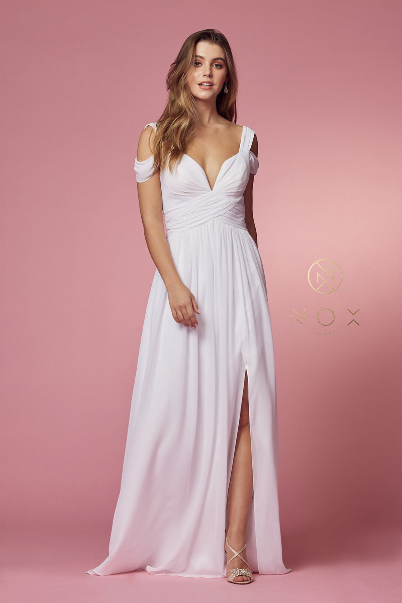 Long A-Line Cold Shoulder Dress With Slit By Nox Anabel -Y277W
