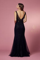 Long Sleeveless Mermaid Dress With Deep V-Neck Design by Nox Anabel -A398