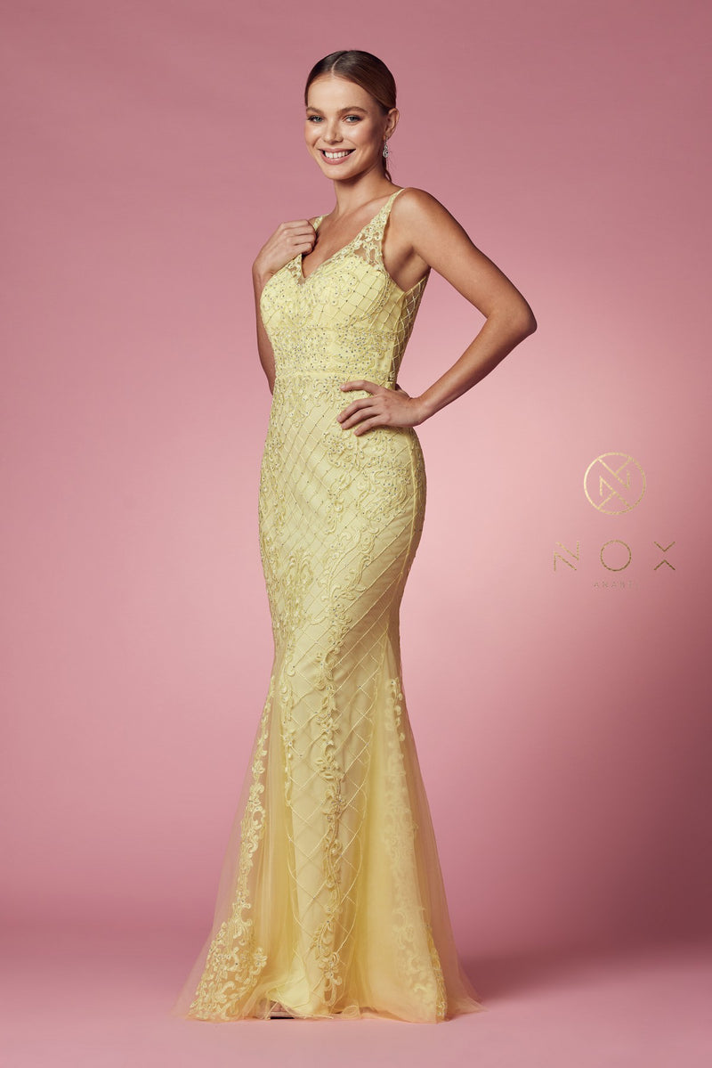 Long Sleeveless Mermaid Dress With Deep V-Neck Design by Nox Anabel -A398