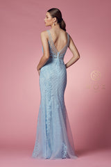 Long Sleeveless Mermaid Dress With Deep V-Neck Design by Nox Anabel -A398