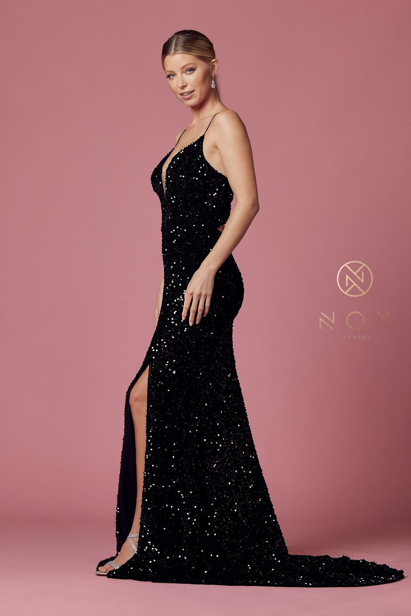 Fitted Sequin Velvet Gown By Nox Anabel -R433