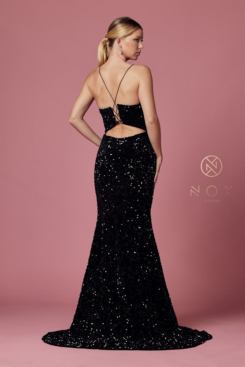 Fitted Sequin Velvet Gown By Nox Anabel -R433