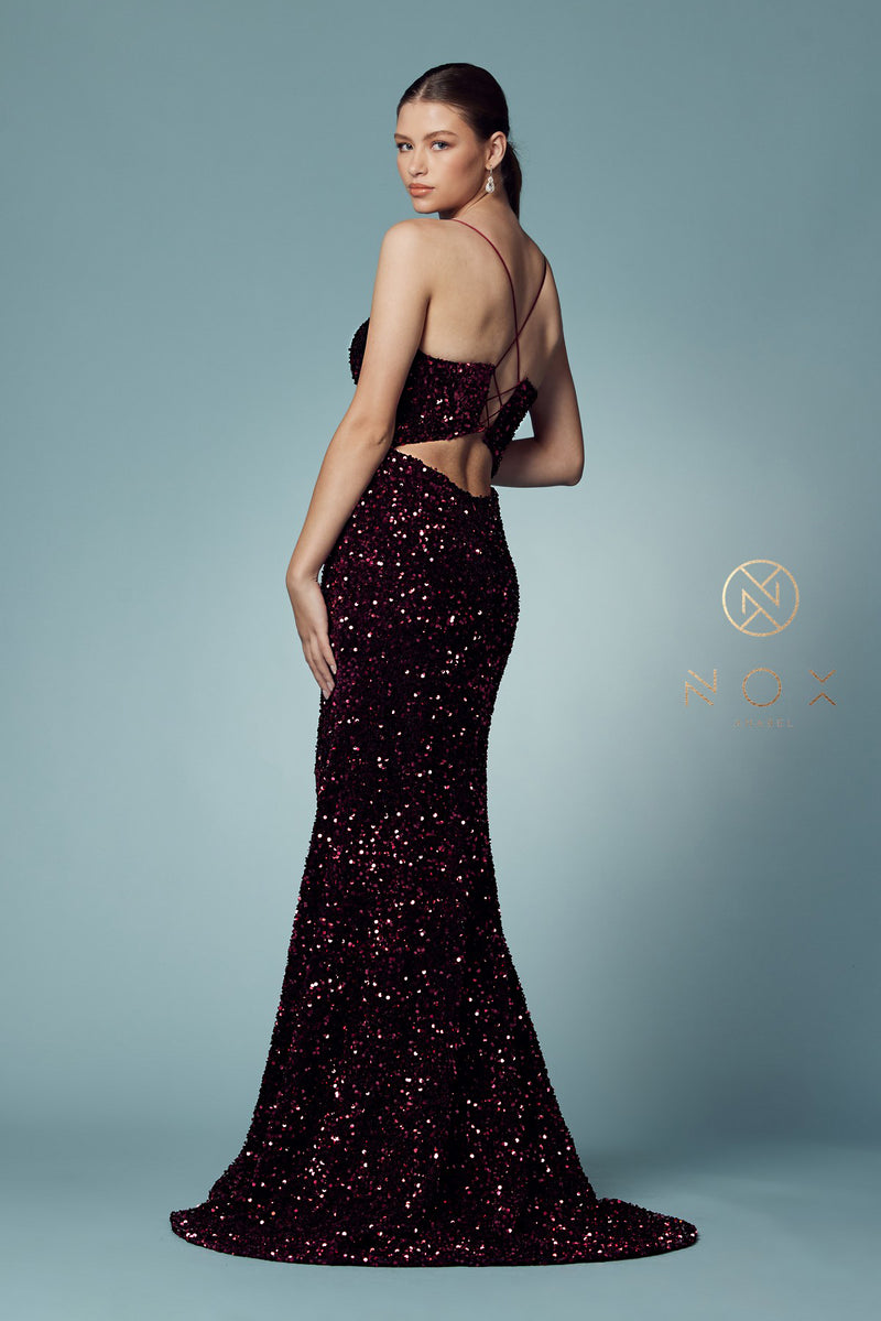 Fitted Sequin Velvet Gown By Nox Anabel -R433