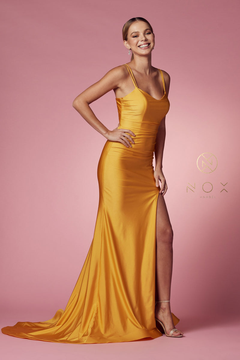 Fitted Strappy Back Slit Gown By Nox Anabel -T481