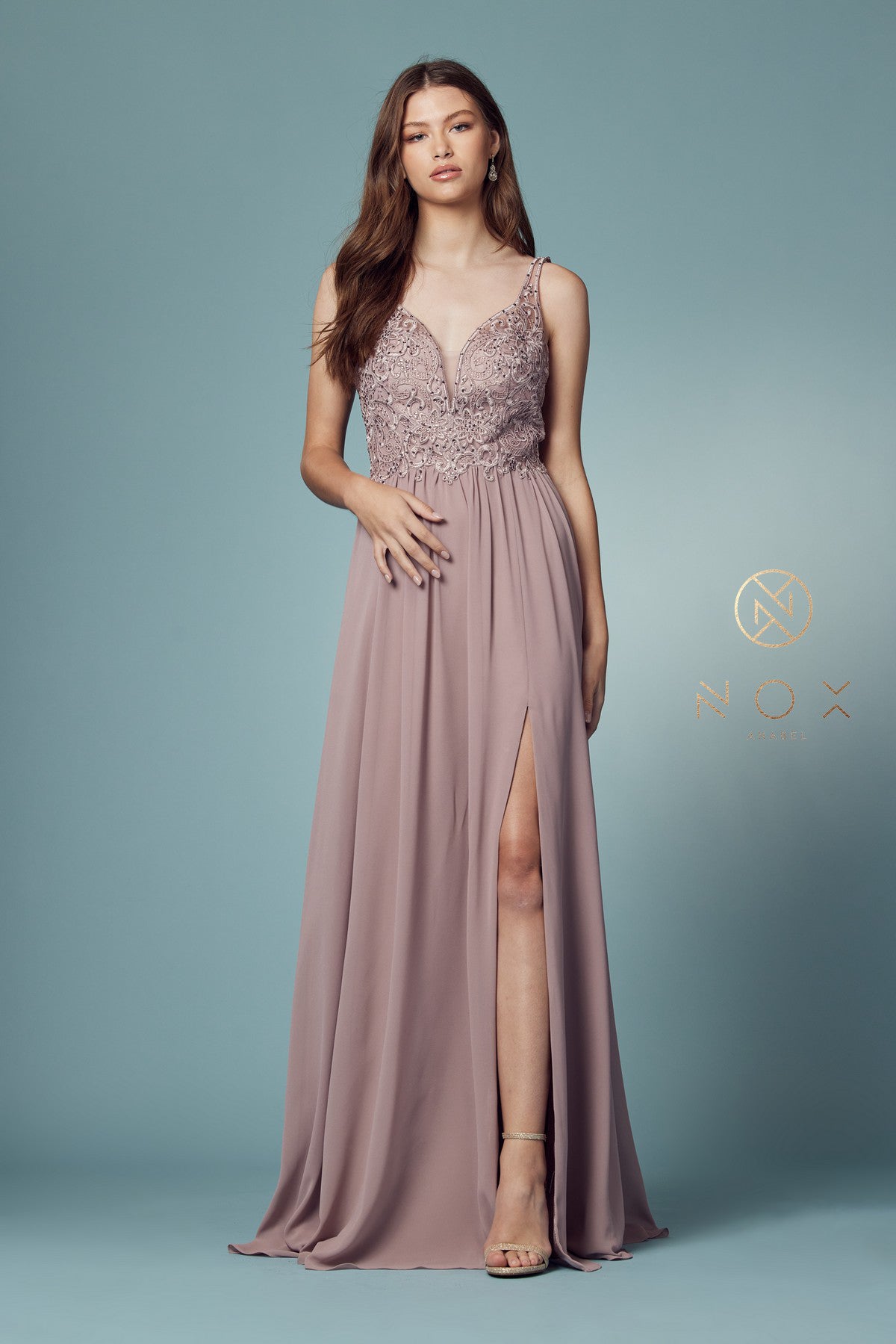 Long A-Line Dress With Embellished Bodice By Nox Anabel -Y299