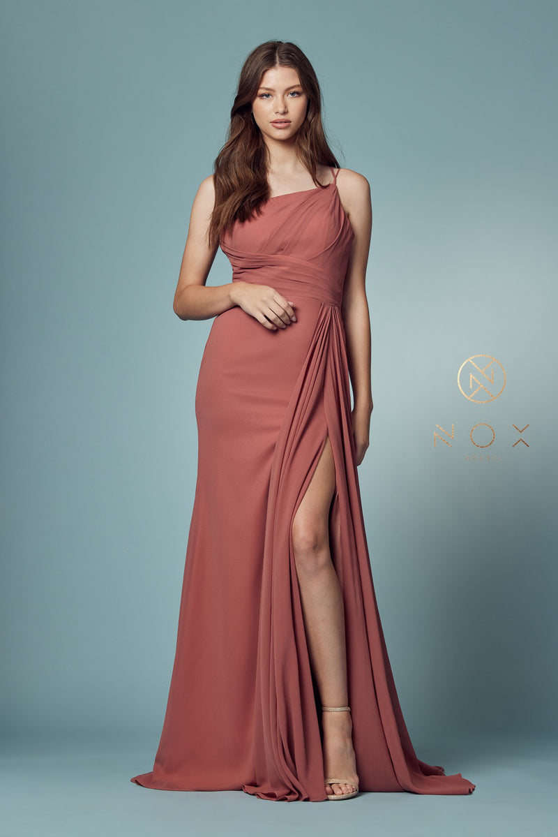 Ruched Long One Shoulder Dress By Nox Anabel -E1005