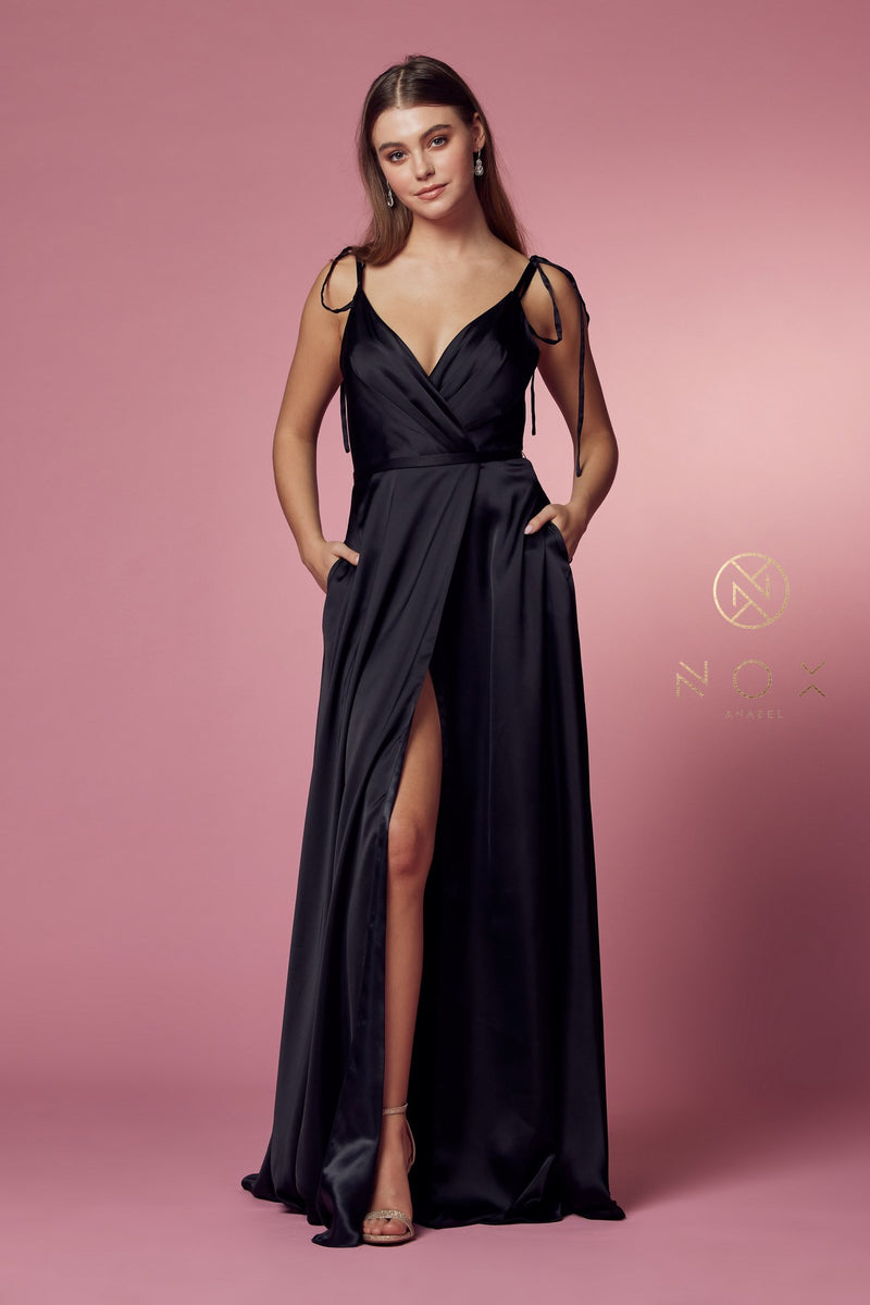 Long Satin V-Neck Dress By Nox Anabel -R1029