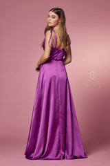 Long Satin V-Neck Dress By Nox Anabel -R1029