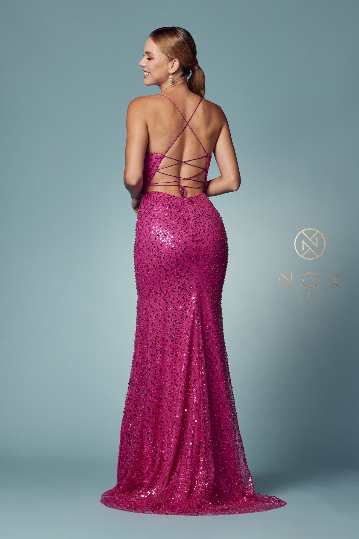 Fitted Sequin Lace-Up Back Gown By Nox Anabel -R1031