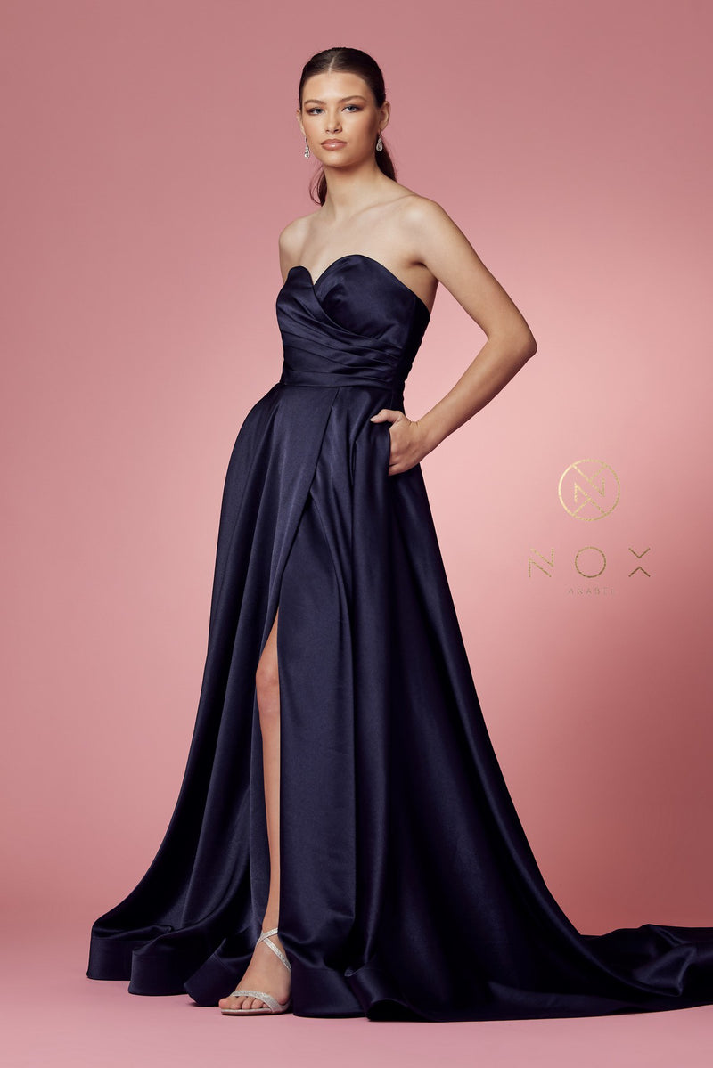 Strapless Satin Pocket Gown By Nox Anabel -R1036