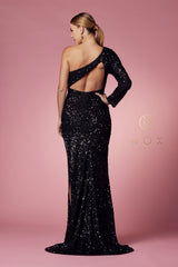 Fitted One Sleeve Sequin Gown By Nox Anabel -S1013