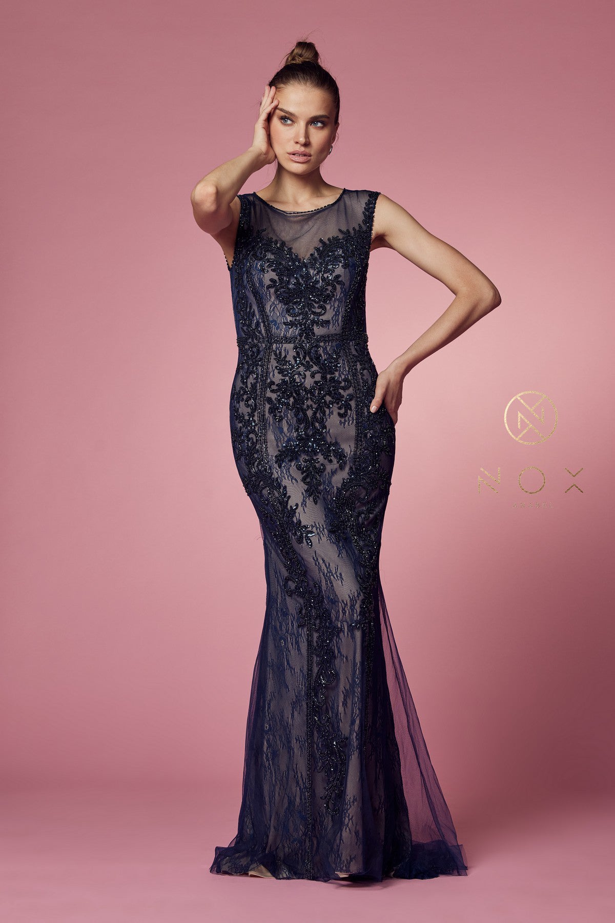 Fitted Long Lace Applique Sleeveless Dress By Nox Anabel -E1006P