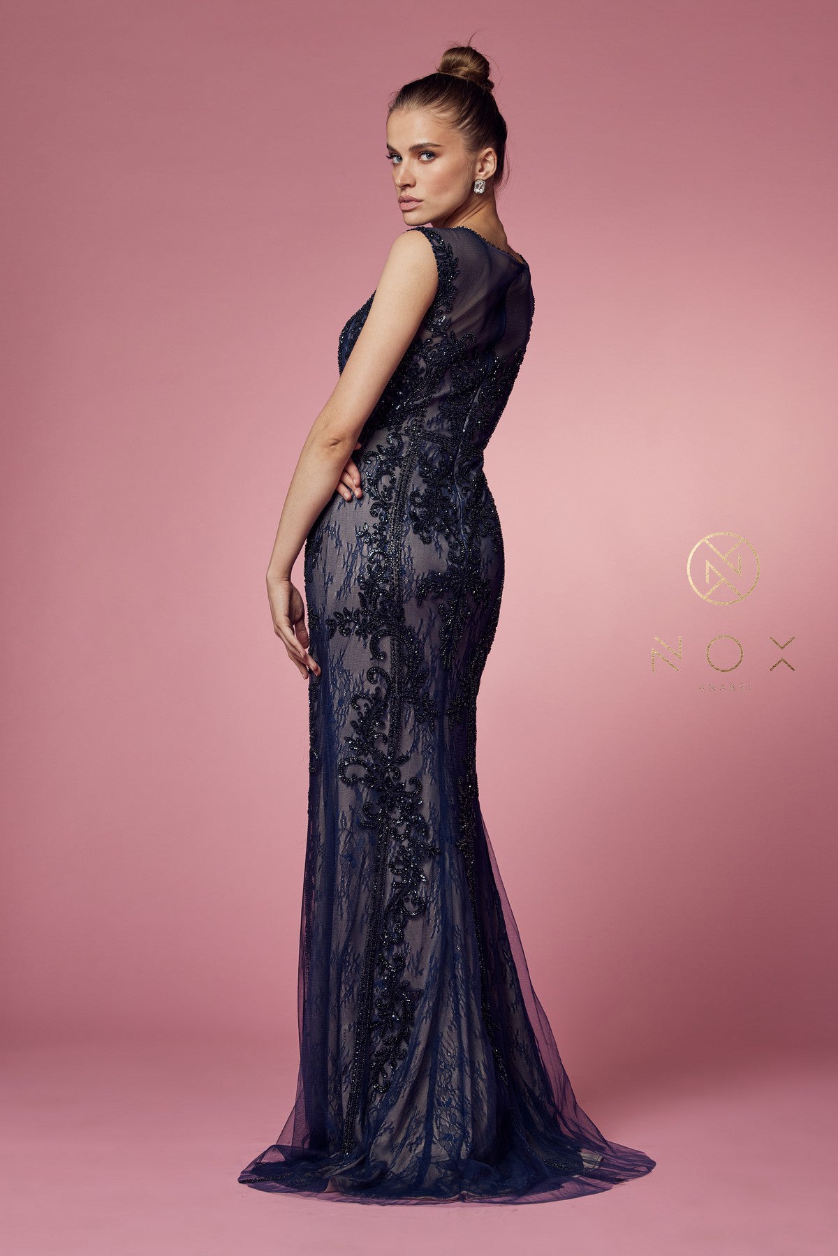 Fitted Long Lace Applique Sleeveless Dress By Nox Anabel -E1006P