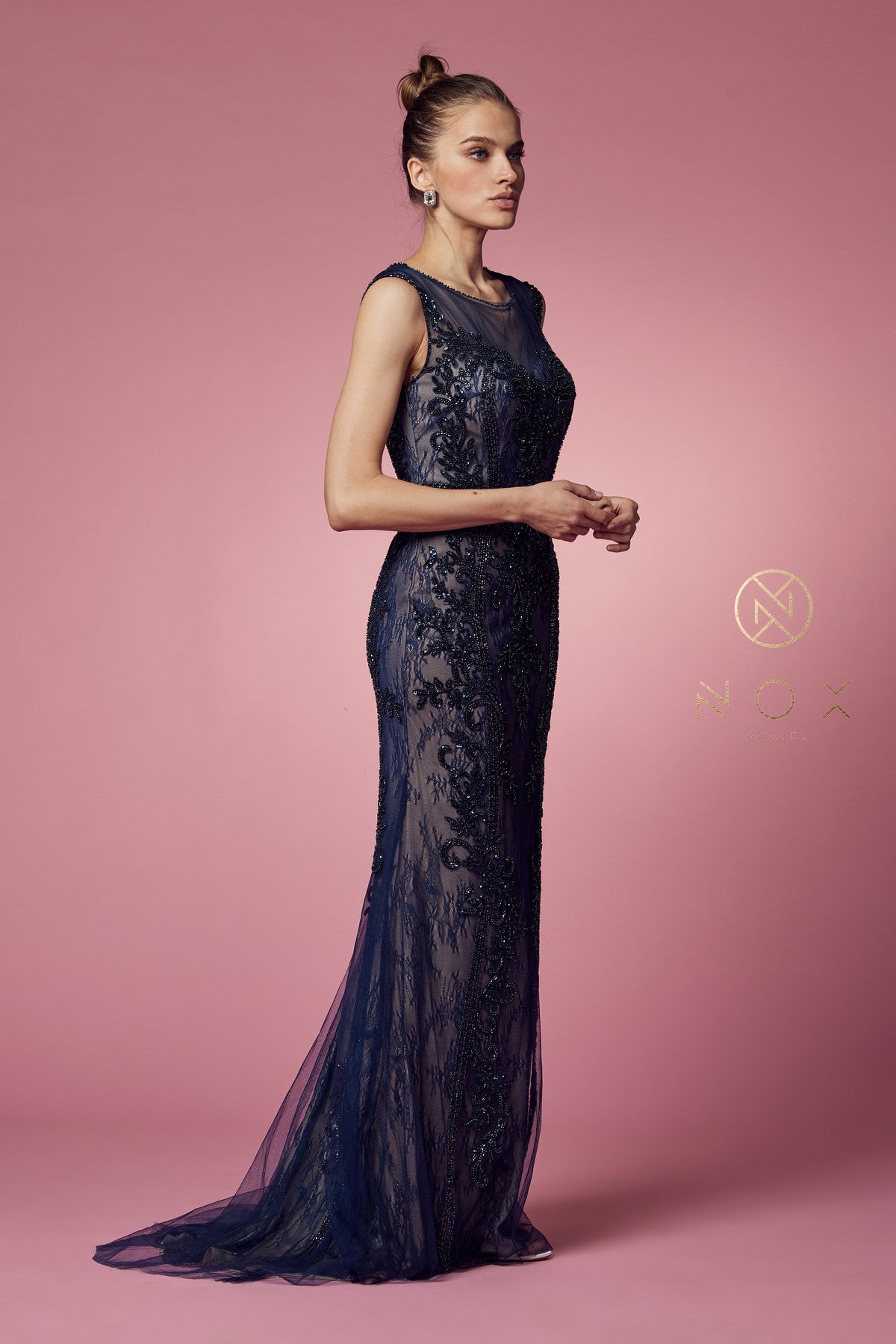 Fitted Long Lace Applique Sleeveless Dress By Nox Anabel -E1006P