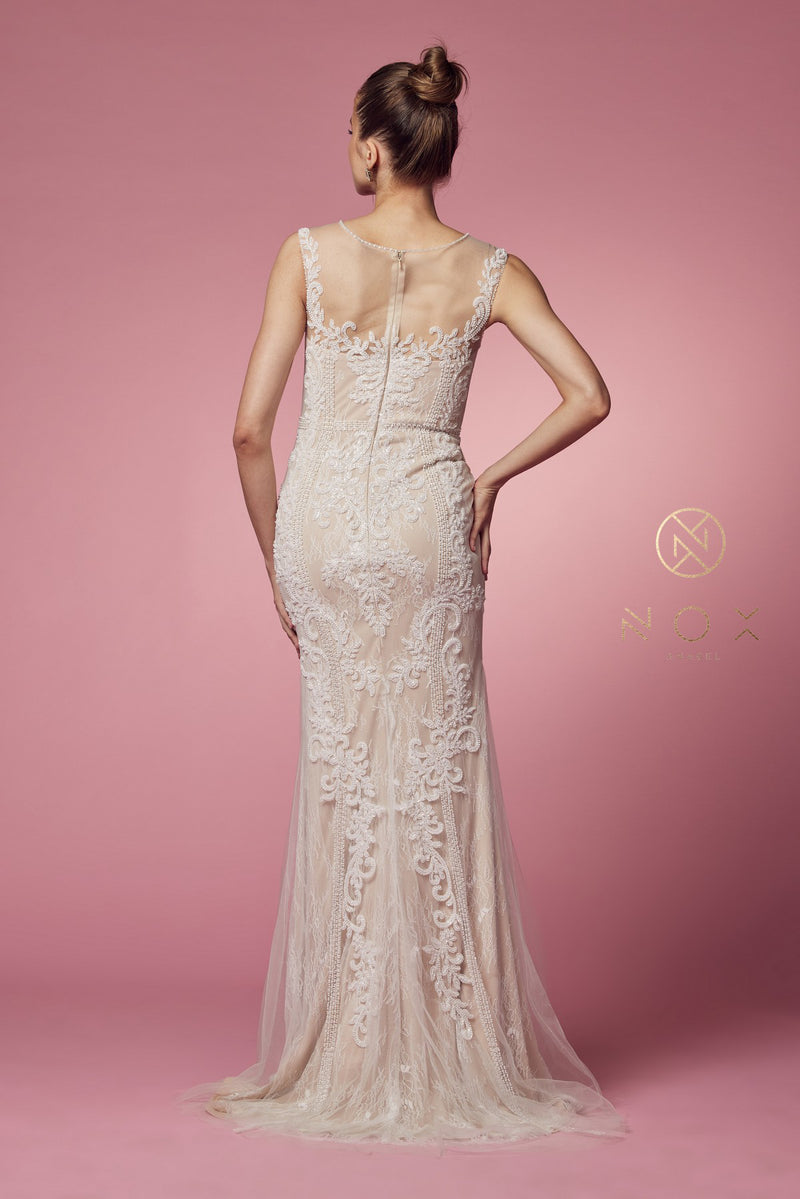 Fitted Long Lace Applique Sleeveless Dress By Nox Anabel -E1006P