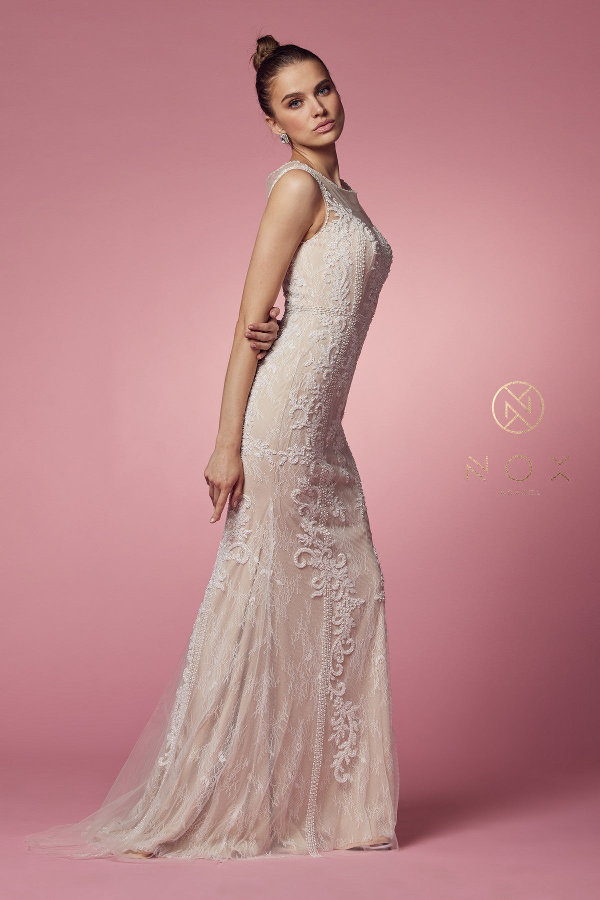 Fitted Long Lace Applique Sleeveless Dress By Nox Anabel -E1006P