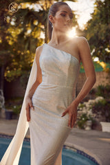 Fitted White One Shoulder Gown By Nox Anabel -E1039W