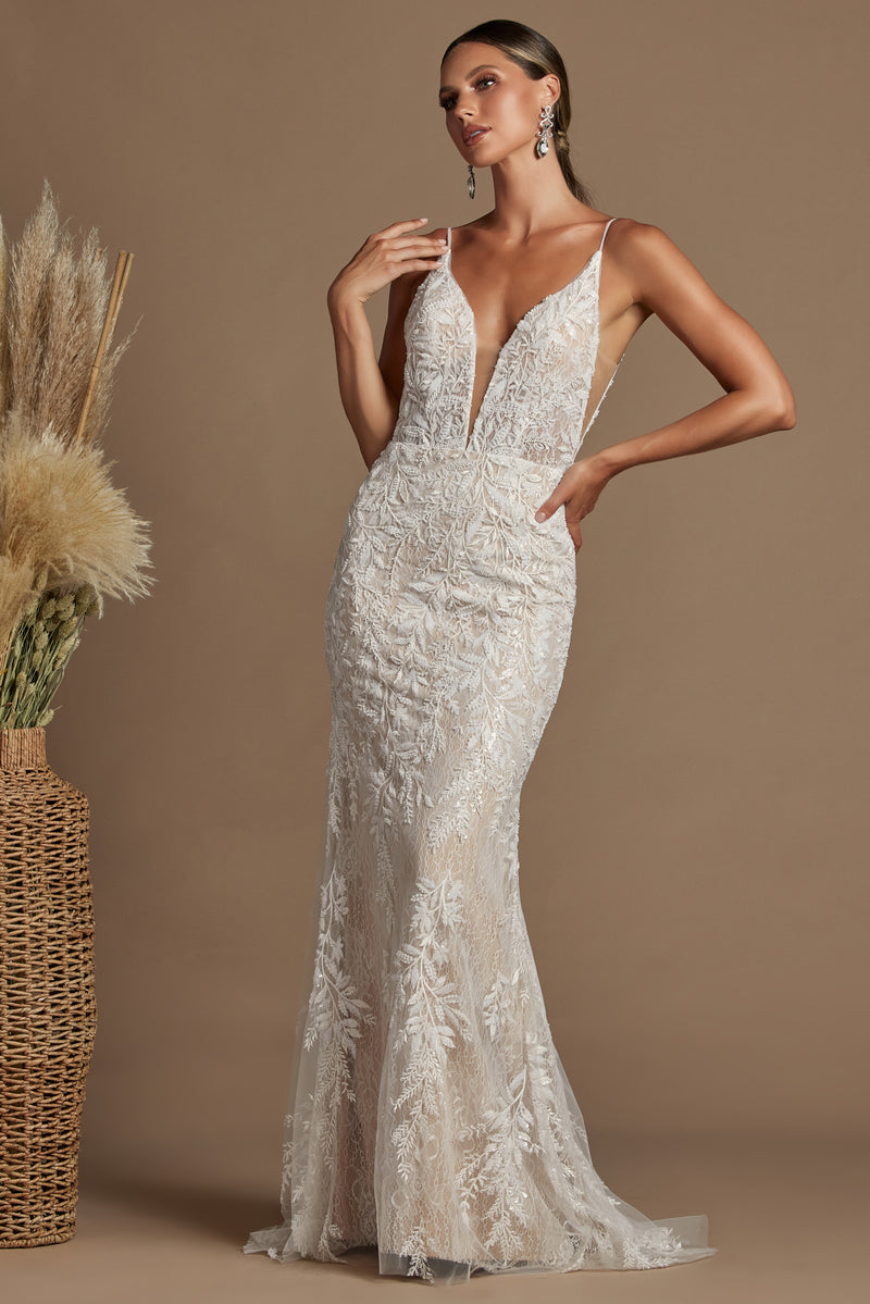 Fitted V-Neck Lace Bridal Gown By Nox Anabel -JE915